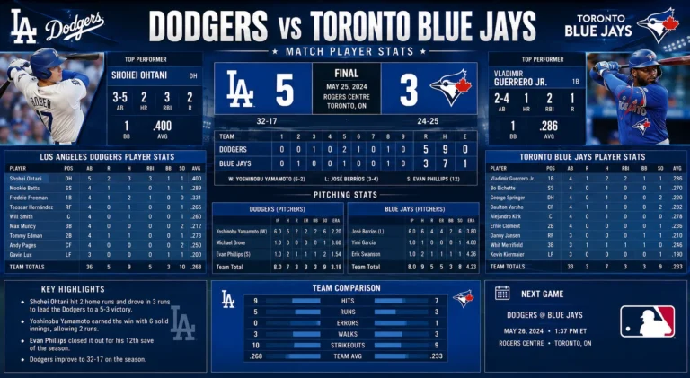 dodgers vs toronto blue jays match player stats