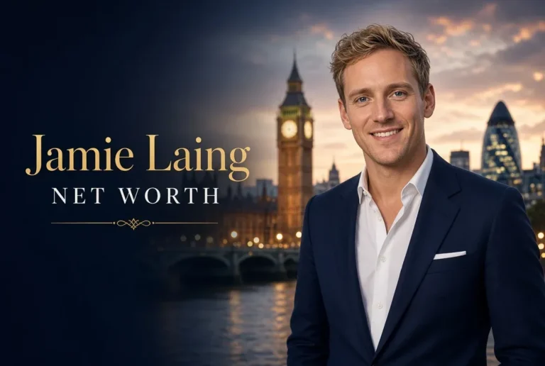Jamie Laing net worth 2026 – British TV star and entrepreneur smiling in a navy suit with London Big Ben and skyline background