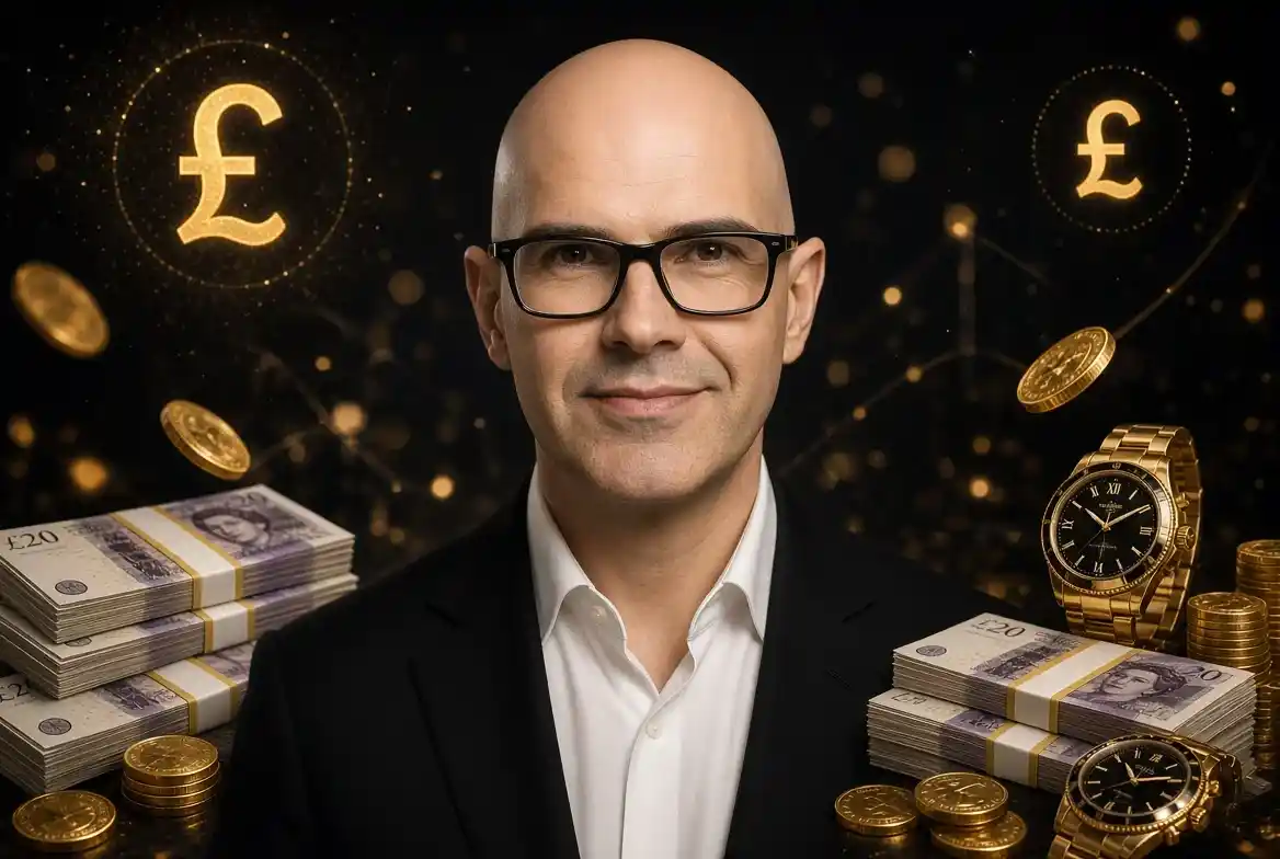 Jimmy Carr net worth 2026 – British comedian Jimmy Carr posing with stacks of money, gold coins and luxury watches