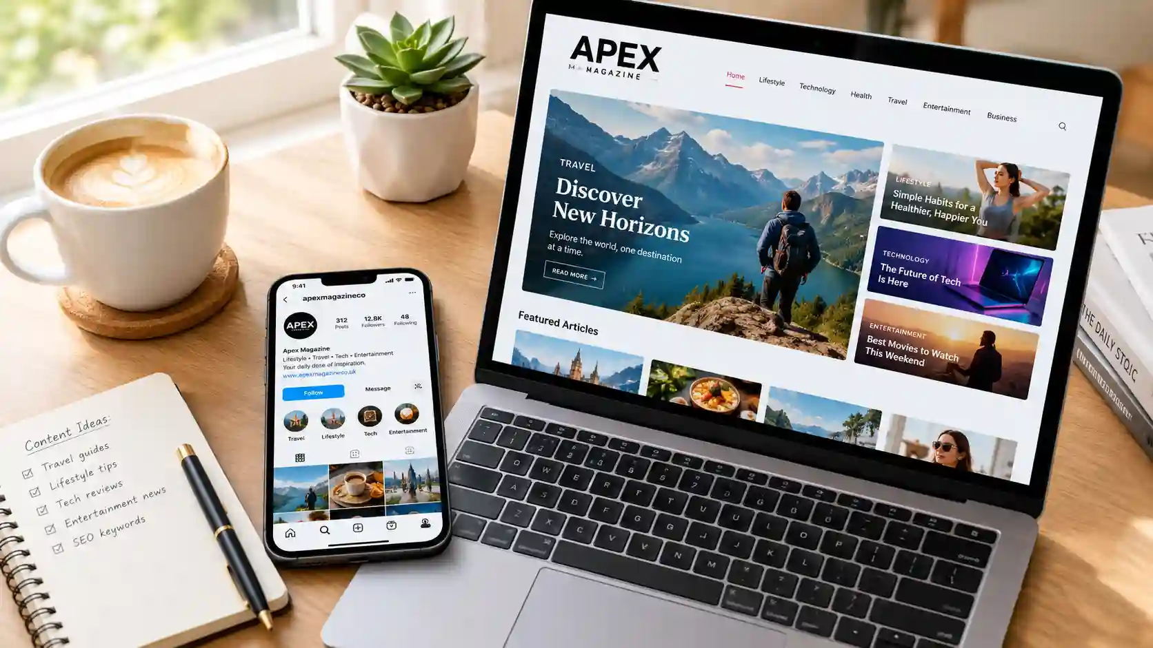 Apex Magazine homepage displayed on a laptop beside a smartphone showing an Instagram profile on a modern workspace desk.