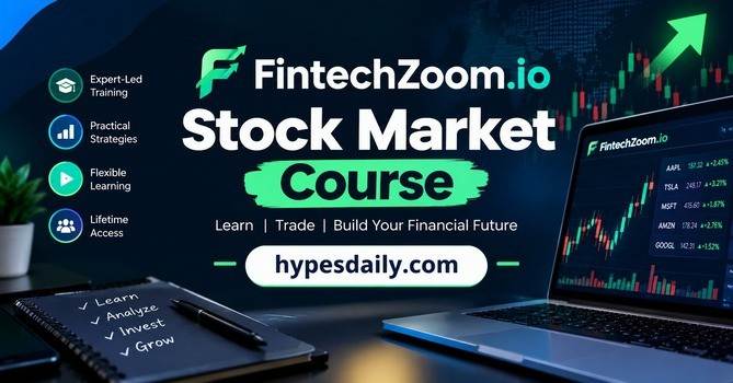 FintechZoom.io Stock Market Course banner with stock charts and hypesdaily.com branding