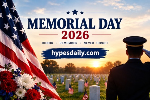 Memorial Day 2026 patriotic tribute featuring the American flag, military salute, and memorial cemetery at sunset.