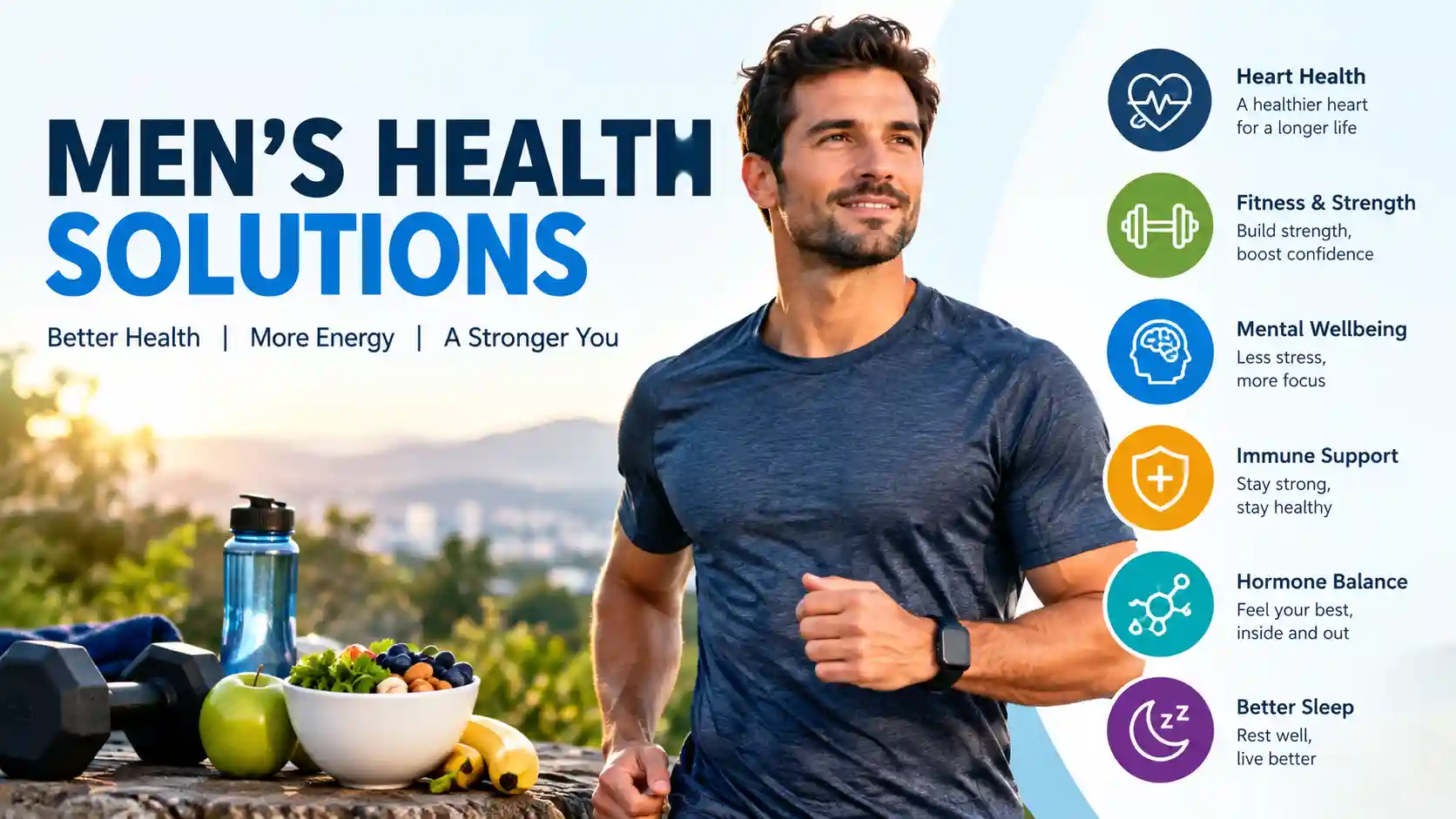 Men’s health solutions – fitness, heart health, mental wellbeing, immune support, hormone balance & better sleep for stronger energy